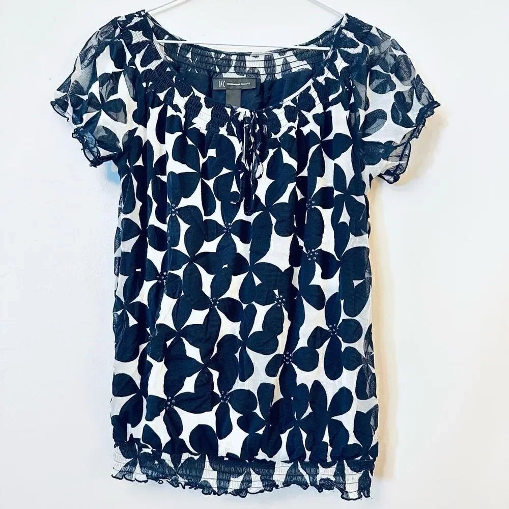 INC International Concepts Womens Top Floral Lined Tie Front Navy White Small